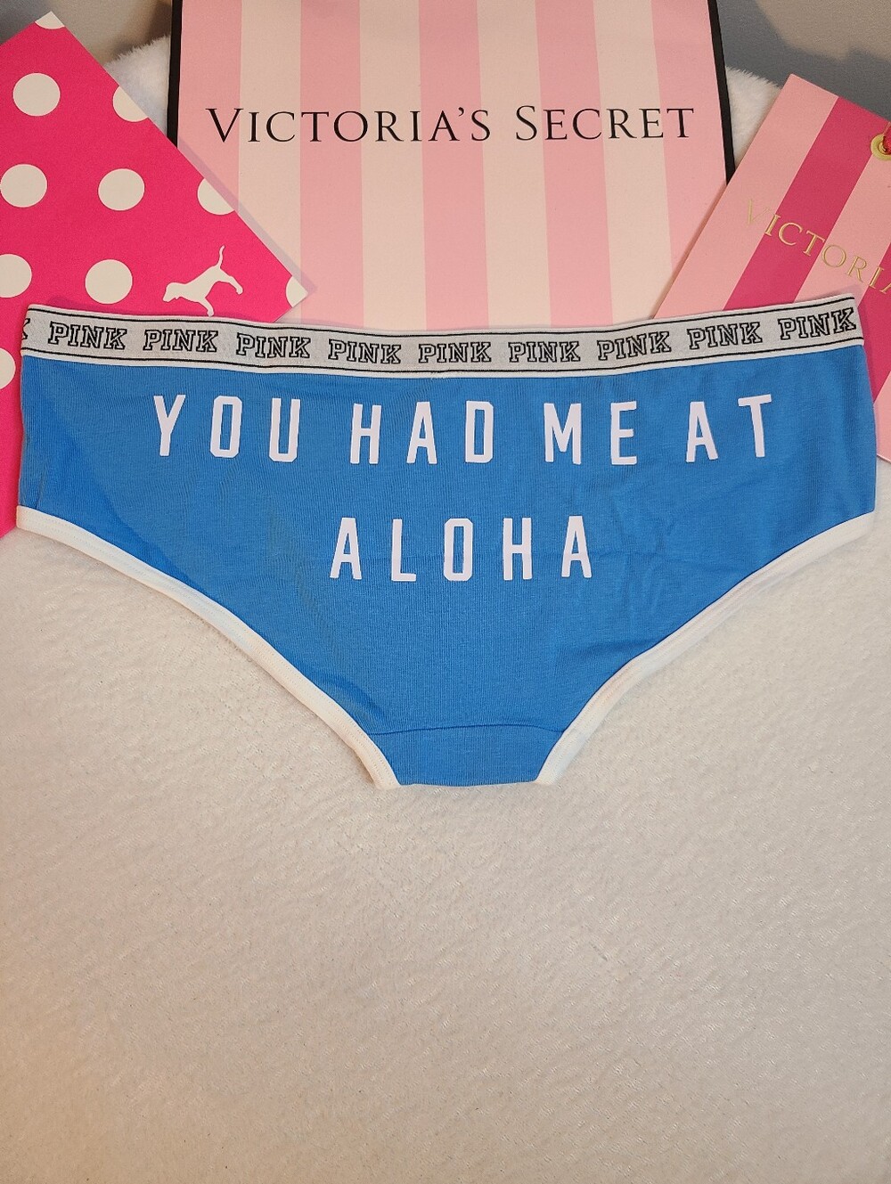 Retired VS PINK Logo Band Cotton Extra Low Rise Hipster Panty Size Lg Aloha